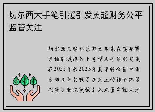 切尔西大手笔引援引发英超财务公平监管关注 切尔西大手笔引援引发英超财务公平监管关注